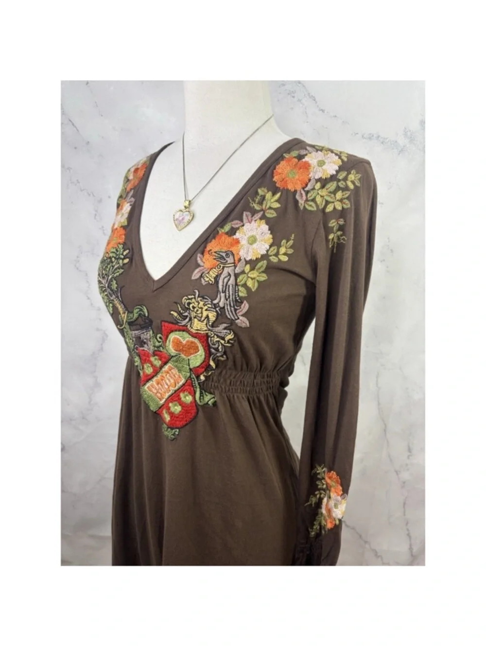 Johnny Was Brown Floral & Heart Embroidered V-Neck Long-Sleeve Dress - Picture 11 of 14